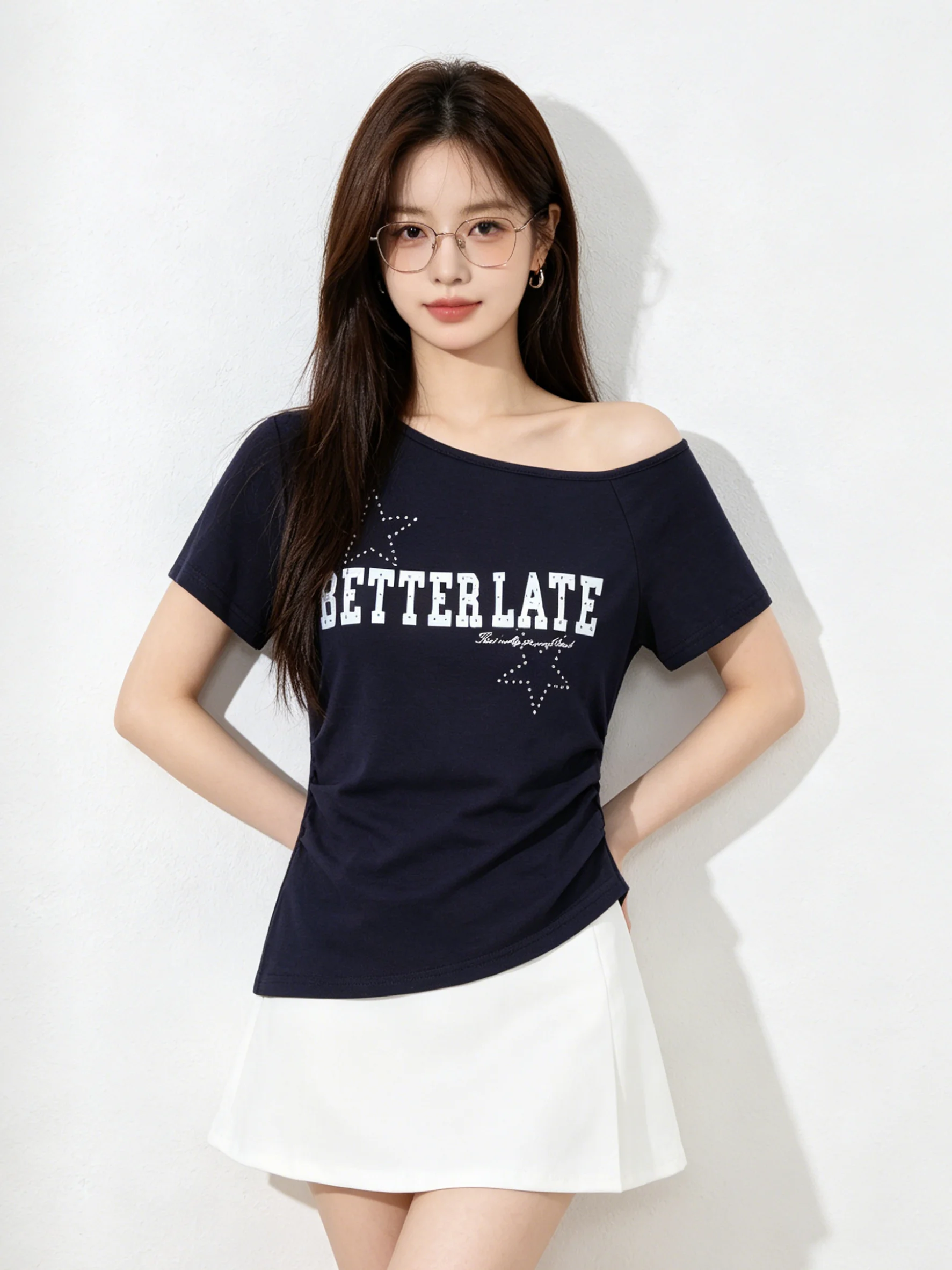 American Retro Sweet Spicy Shoulder Bared Print T Shirt Pleated Irregular Slimming Summer Short Sleeve Top Women's Fashion