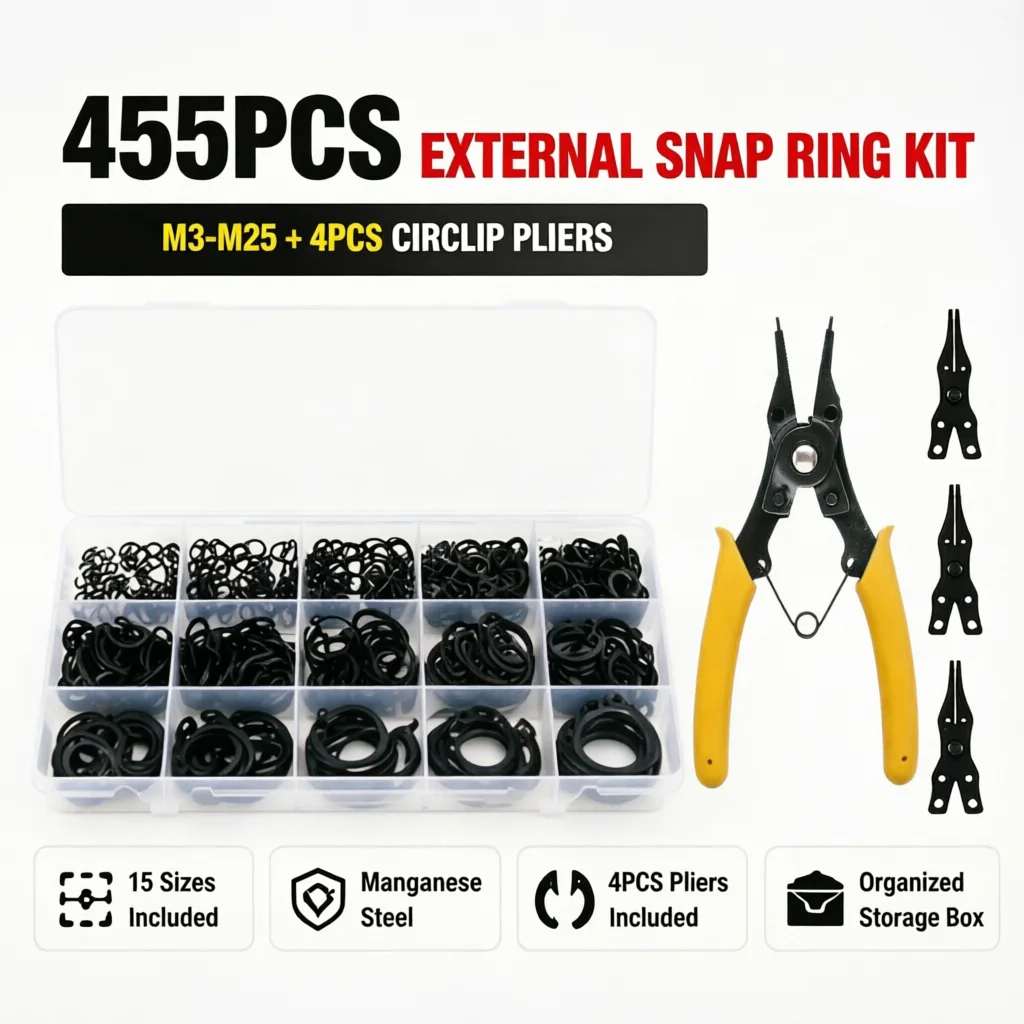 455Pcs External Snap Ring Kit C-Clip Retaining Rings M3-M25 + 4Pcs Circlip Pliers Automotive