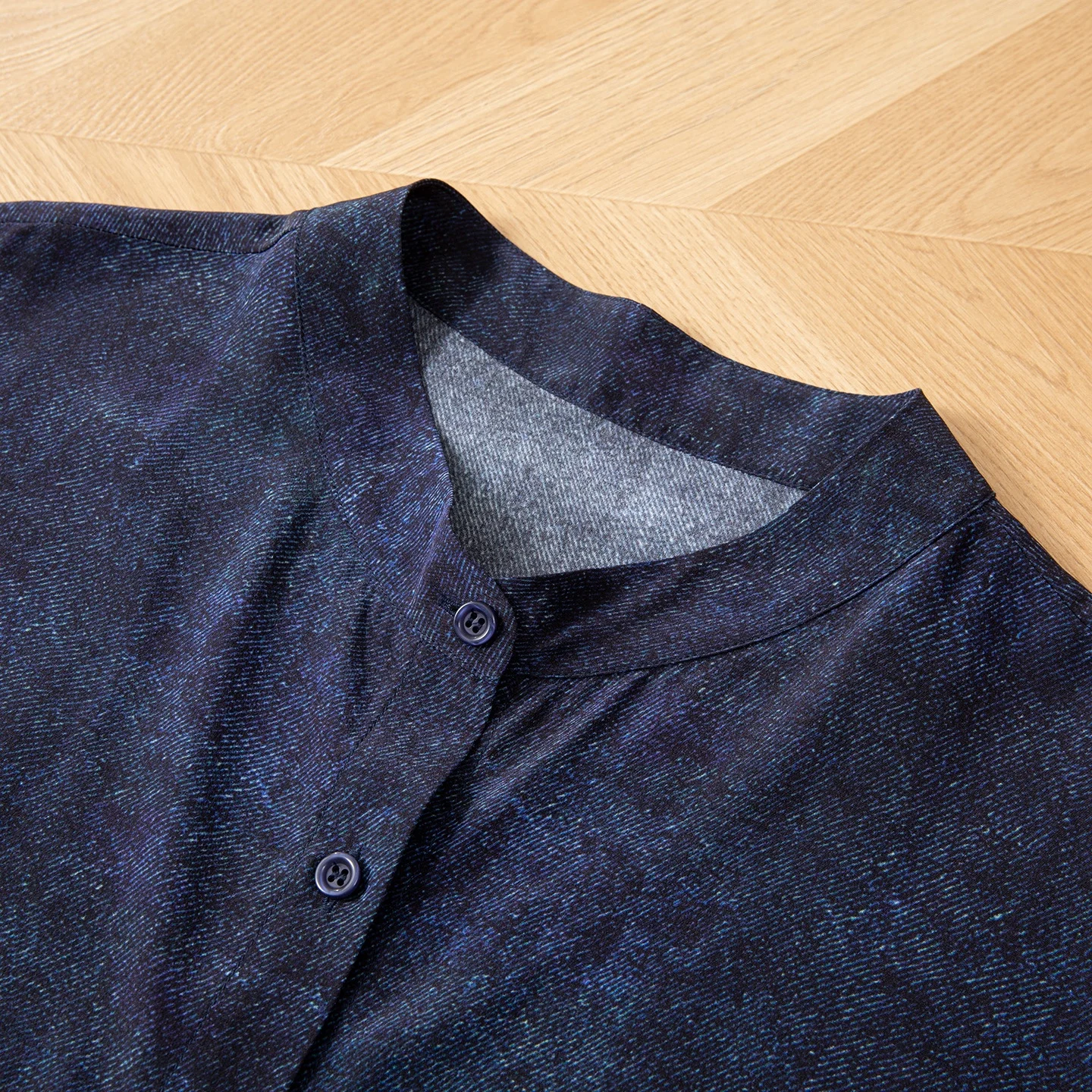 Simple Elegant 100% Natural Mulberry Silk Crepe De Chine Denim Blue Print Women's Casual Three-quarters Sleeved Shirt