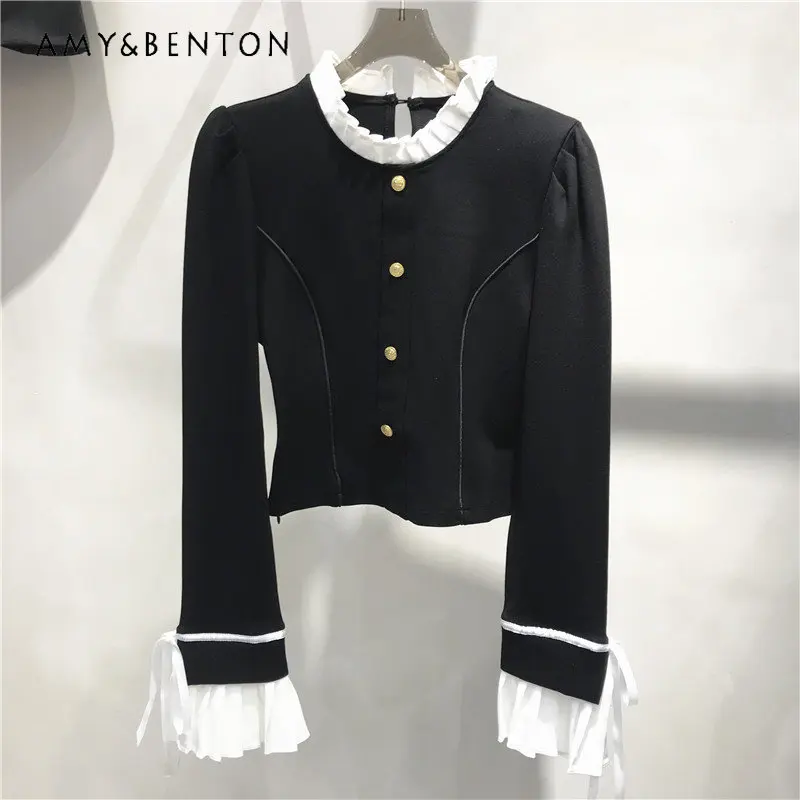 

Early Autumn New Elegant Wooden Ear Small Stand Collar Shirt Ladies Color Matching Bell Sleeve Slimming Short Shirt Top Women