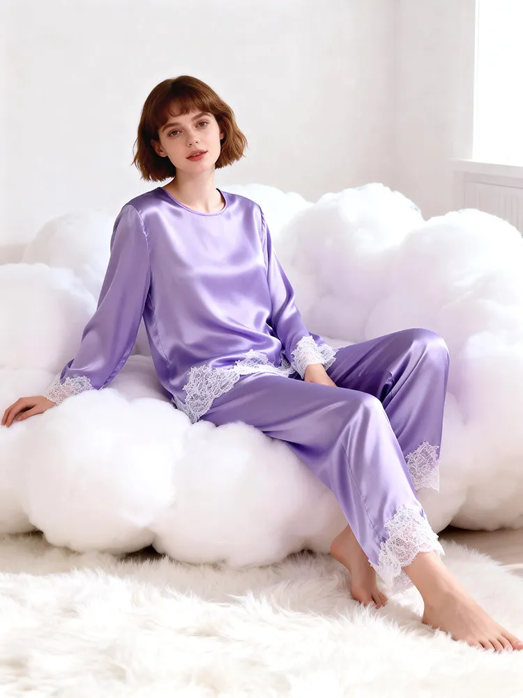100% Mulberry Silk Long Sleeve Pajamas Set Solid Purple Women's Elegant Homewear Luxury Lace Trim Satin Loungewear Sleepwear PJs