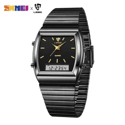 Fashion Digital Quartz Dual Display All-Steel Watches Gold Fluorescent Dial Week Time Male Clock Waterproof relogio masculino