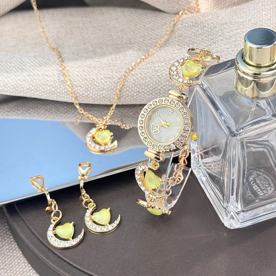 

3 шт./компл., роскошные ювелирные изделия с любовью и луной, кварцевые часы, серьги, ожерелье, романтическое украшение, повседневная одежда, идеальный подарочный набор
