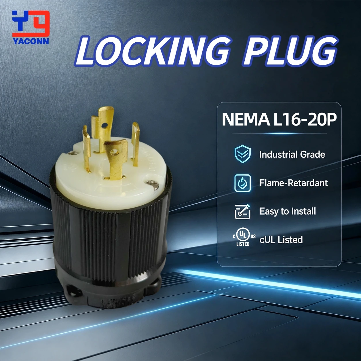 NEMA L16-20P 20A 480V Heavy Duty Locking Plug 3P 4W 3-Phase Grounding Twist Lock Connector for Generator/Dryer/Ranges