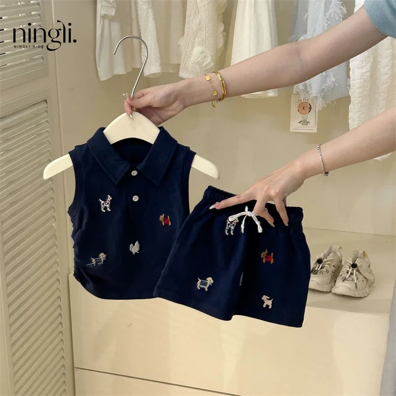 

NL-Girls' Summer Suits New Fashion Baby College StylepoloCollar Vest Top and Skirt Two-Piece Set