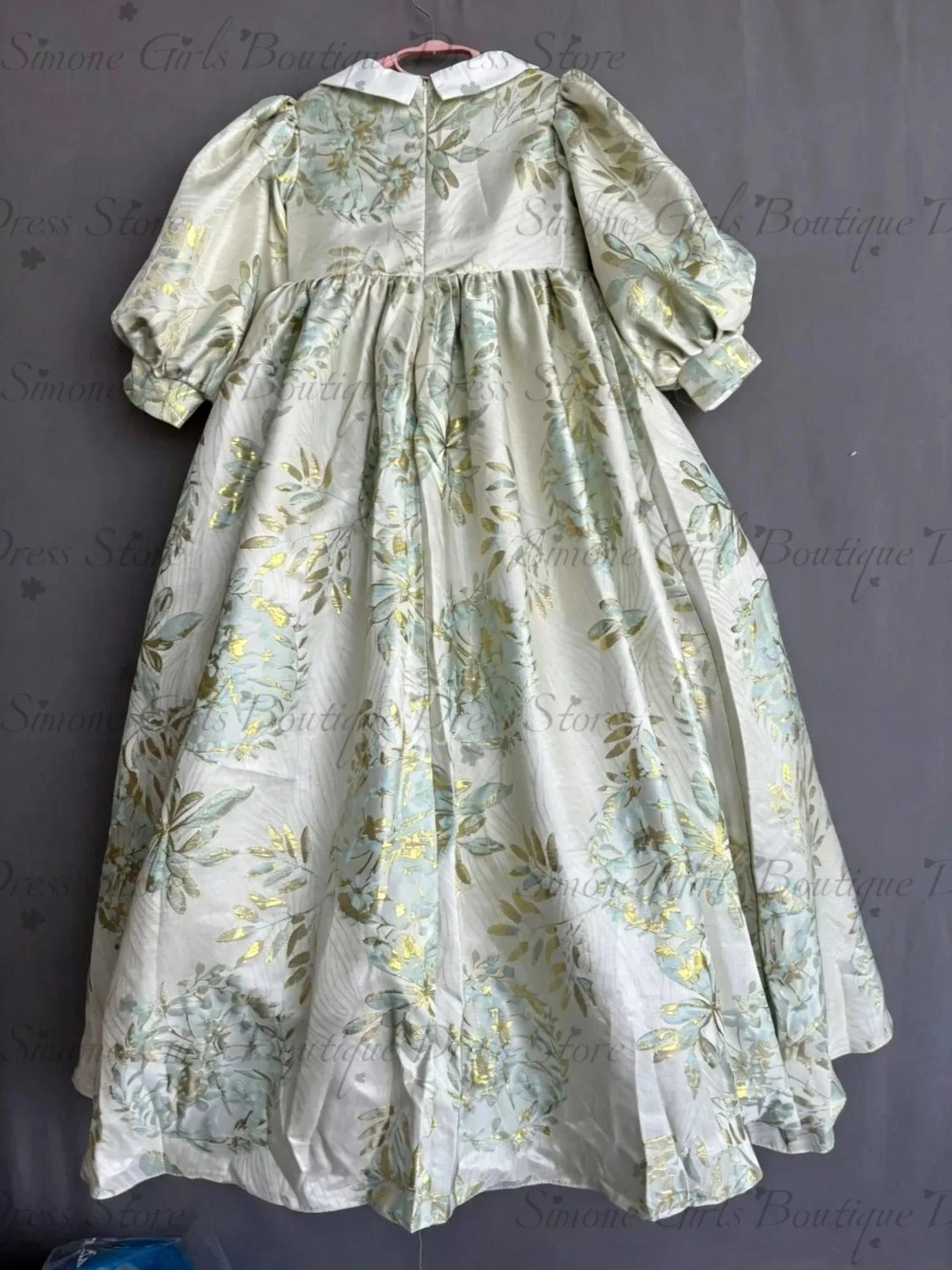 Großhandel Mädchen Prinzessin Grünes Mädchenkleid mit Puffärmeln Blumenmädchenkleid für Hochzeit Kinder Blumen Geburtstagsparty Kleid Maßanfertigung – Detail 4