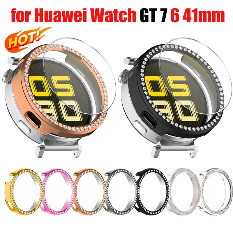 Women Diamond Case+Tempered Glass for Huawei Watch GT7 41mm Anti-Scratch Screen Protector Cover for Huawei Band GT6 41mm Bumper