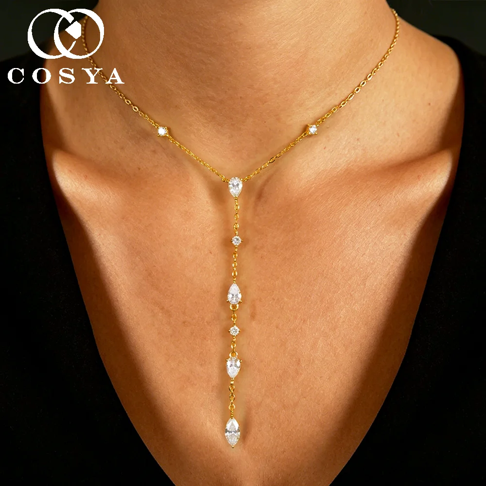 COSYA 2.4cttw Pear/Marquise Cut Moissanite Necklace for Women 100% S925 Silver Lab Diamond Y Shape Lariat NeckChain Jewelry Gift