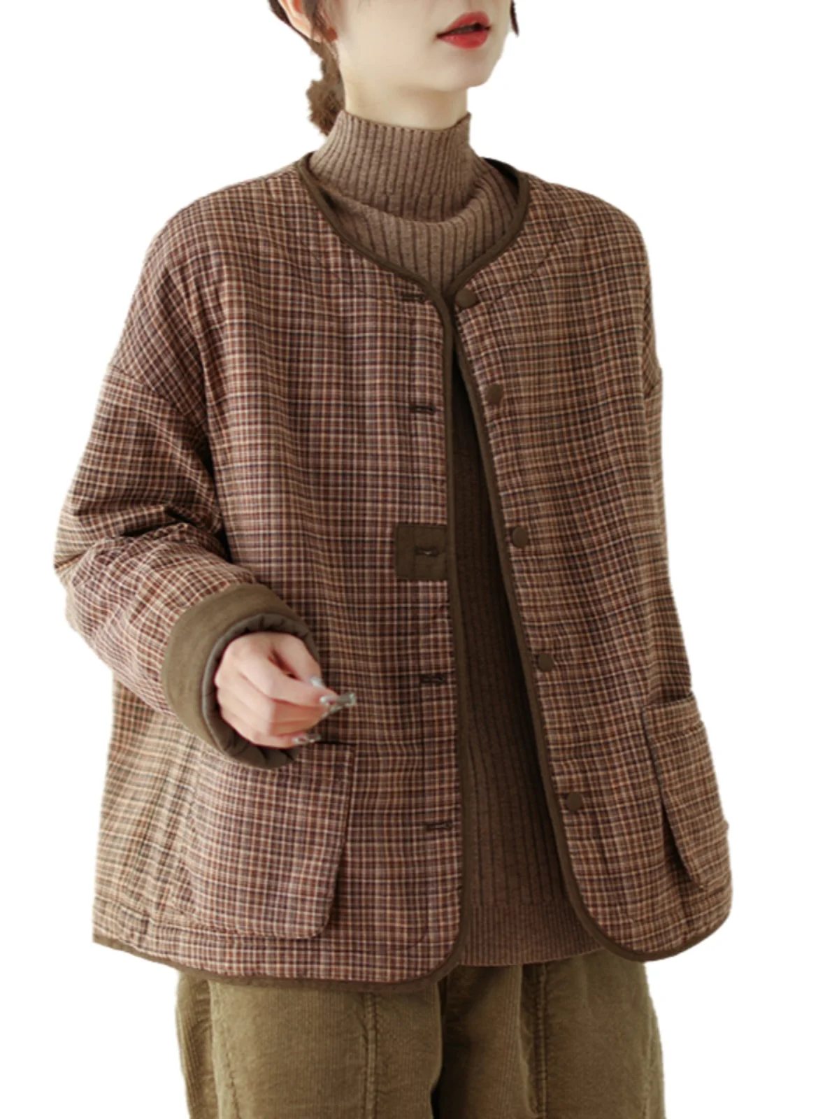 Retro a cuadros Thiened algodón Jaet mujer invierno suelto ajustado redondo Ne algodón abrigo botón detalle largo Sve Commute Sle