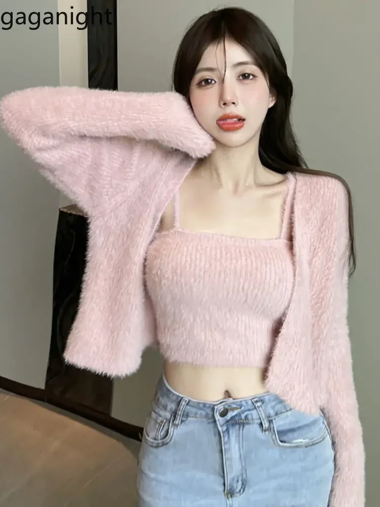 Gaganight Women Pink Sexy Versatile Plush Loose Knitted Shirt Sweater Coat Spring Sweet Backing Strap Vest Two Piece Set