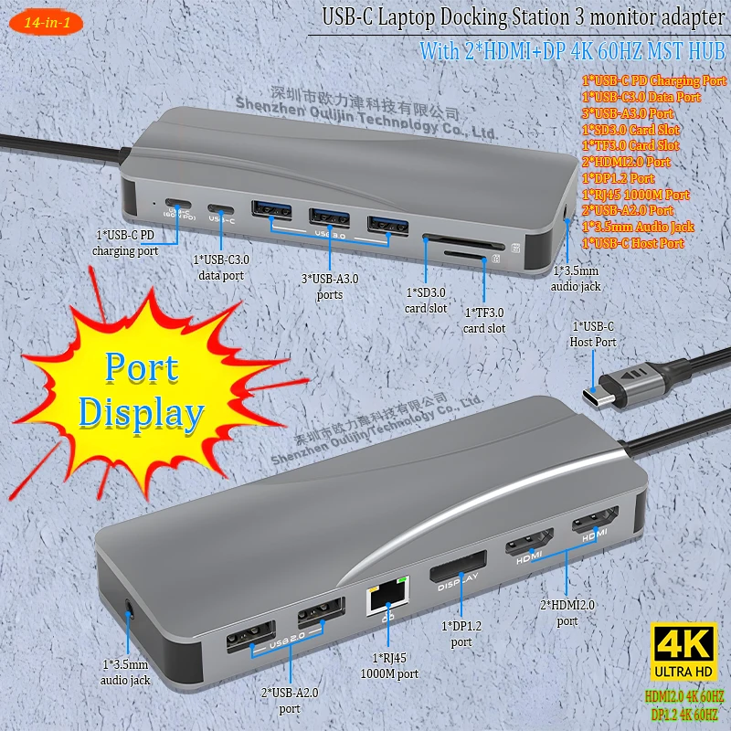 

USB-C Docking Station for Laptop with 2 HDMI+DP 4K@60Hz, MST Hub, 60W PD, Ethernet, SD/TF, USB 3.0, for Mac/Windows Apple Dell