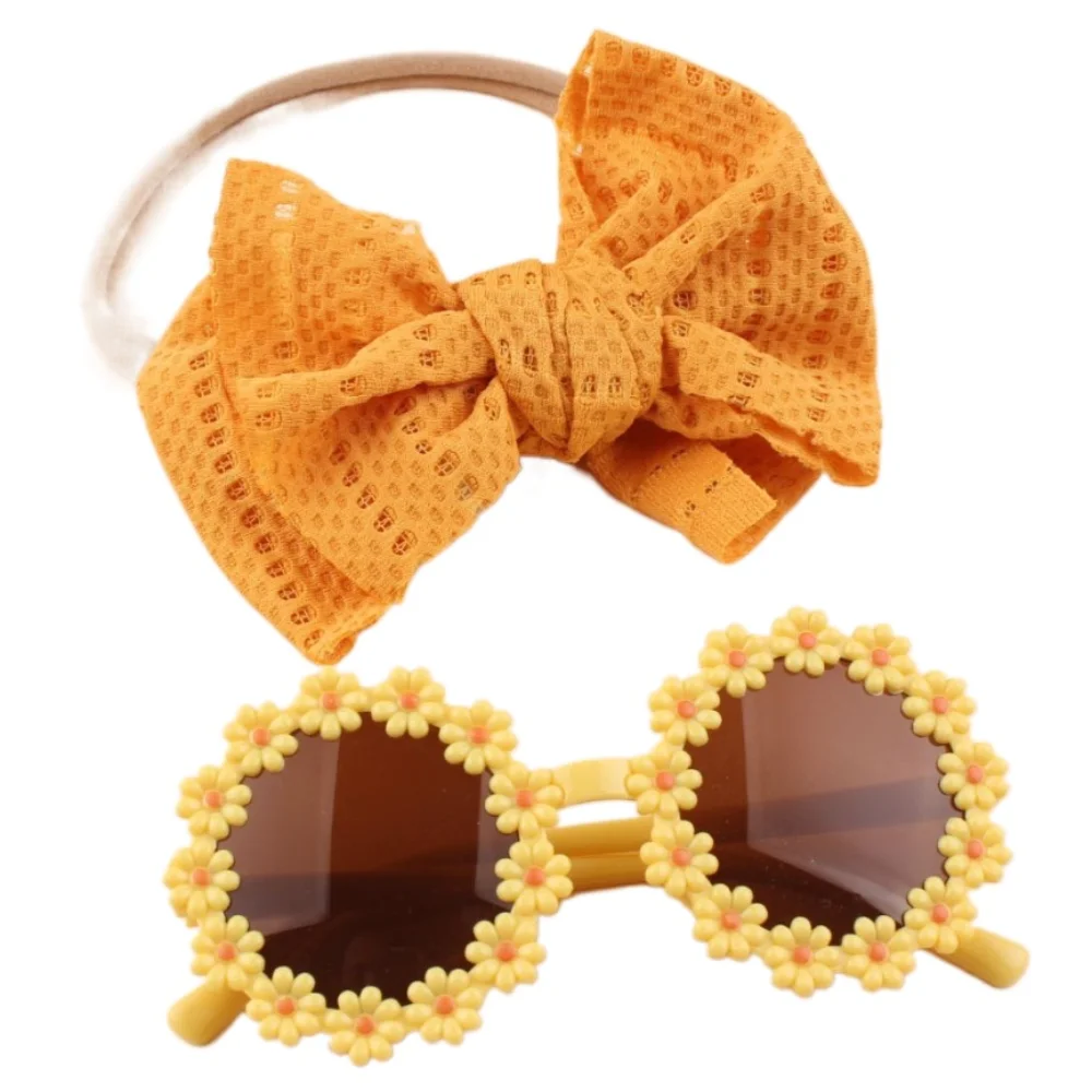 

2pcs/set Soft Elastic Children Bowknot Headband Cotton Wide Baby Bows Turban Solid Color Kids Sunglasses Set Hair Accessories