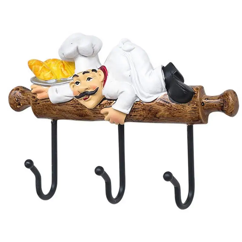 

French Chef Design Adhesive Wall Hooks Cute Chef Design Adhesive Wall Hooks Decorative Chef with Bread Coat Apron Figurine