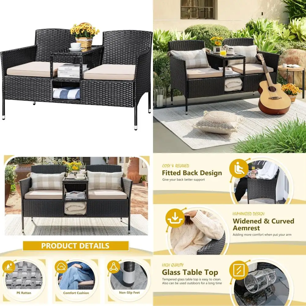 

Modern 2-Seat Rattan Patio Loveseat Set with Cushions and Built-in Coffee Table for Outdoor Conversations