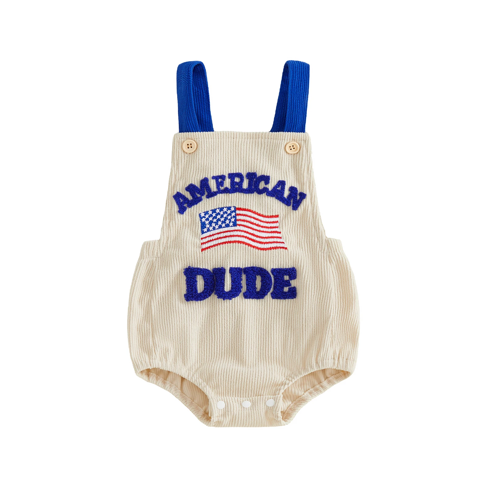 Baby 4th of July Outfit Lettered Flag Embroidery Patriotic Boy Sleeveless Overalls Romper Jumpsuit for Toddler