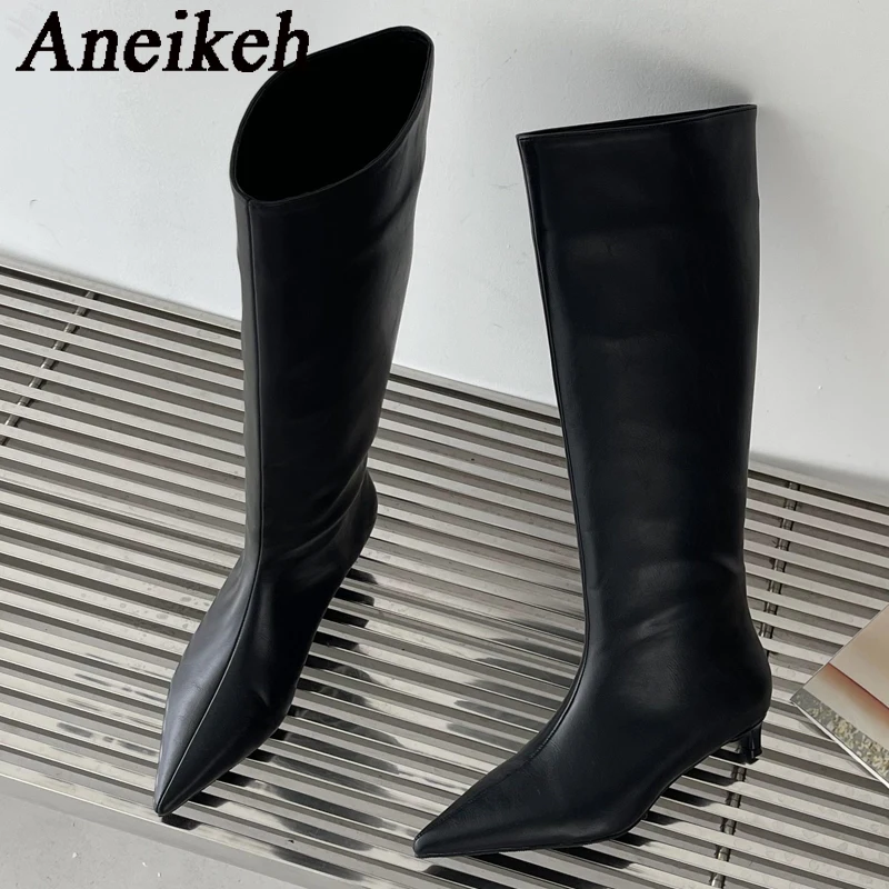 Aneikeh 2025 Fashion Sexy Pointed  Low Heels Knee Long Boots Women\'s Spring/Autumn PU Sewing Party Ball Western Boots 35-40