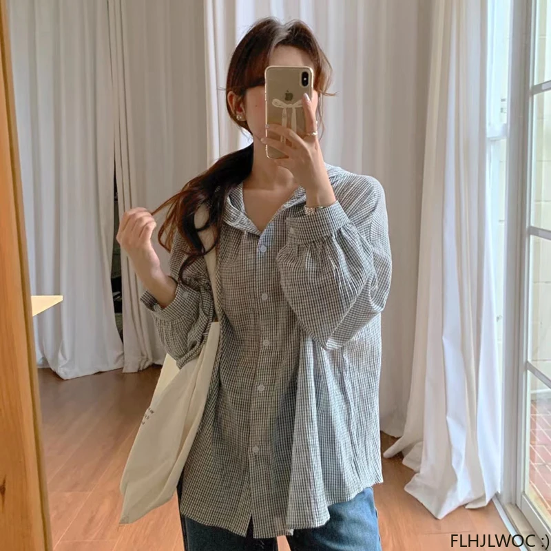 Oversize Loose Women Cute Tops Preppy Style Vintage Japan Korea Design Single Breasted Button Elegant Blue Plaid Shirts Blouses