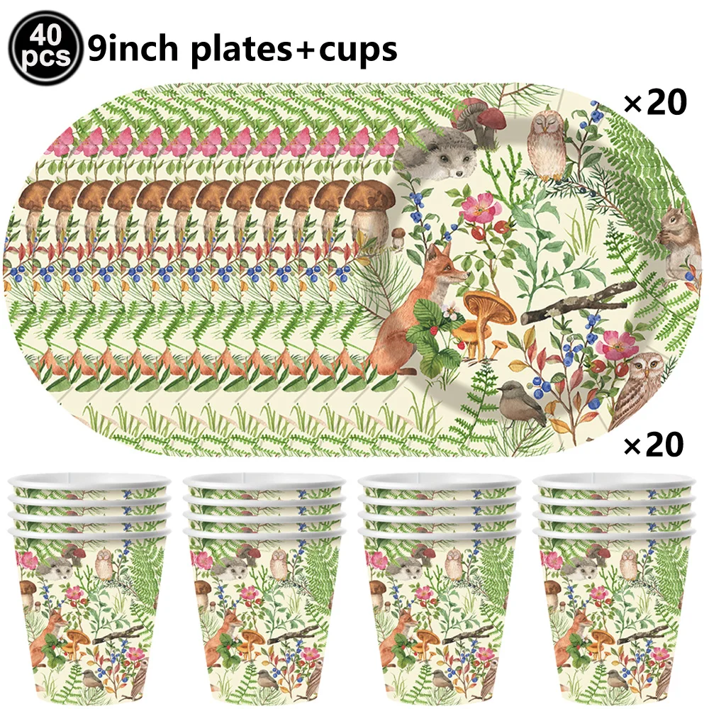 Woodland Wild One Animal Tableware Set Paper Plates Cups Napkins Fox Mushroom Balloon Forest First Birthday Party Decorations view 3