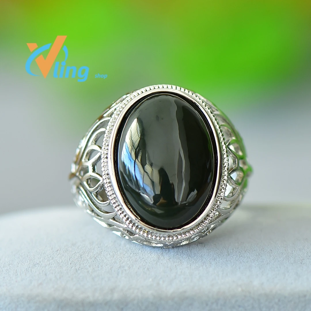 New fashion jewelry women's copper inlaid Hotan Jade sapphire egg surface luxury ring gift black agate retro opening adjustable