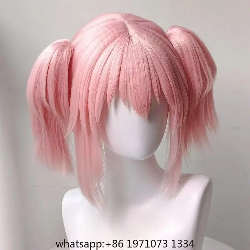 Kaname Madoka Cosplay Wig Pink Ponytail Wigs with Bangs Cute Lolita Pigtails Wig for Women Girls Comic Con Props Hair+Wig Cap