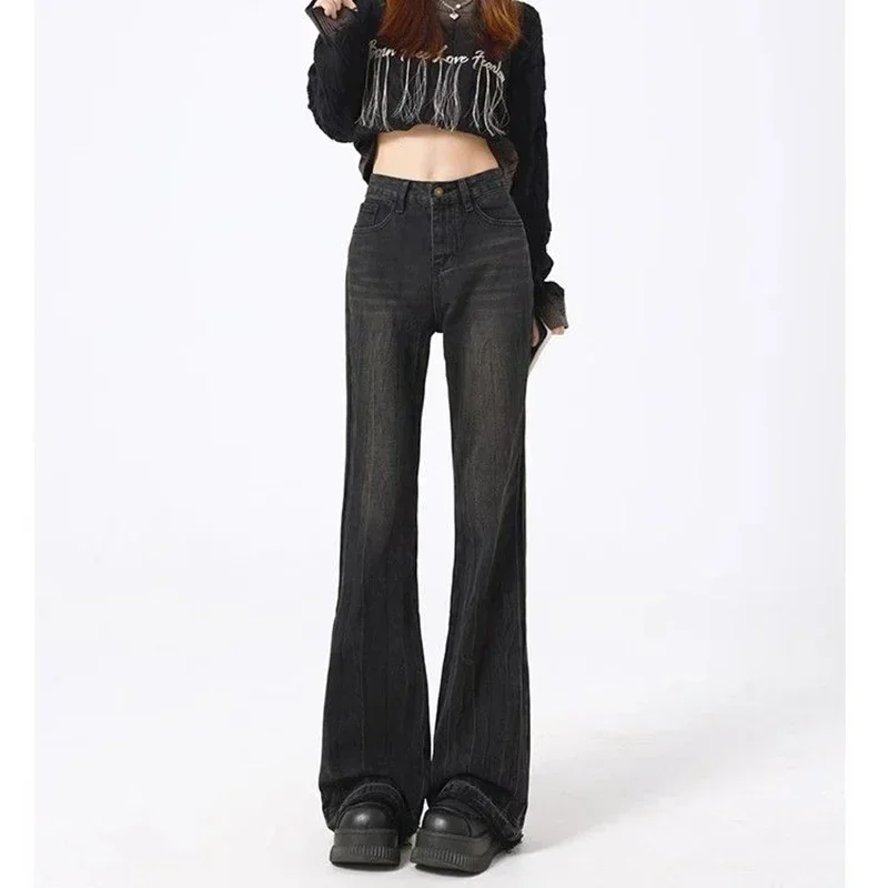 

Женские однотонные тонкие расклешенные джинсы с высокой талией, женские рваные дизайнерские облегающие брюки, модные удобные джинсовые брюки для девочек