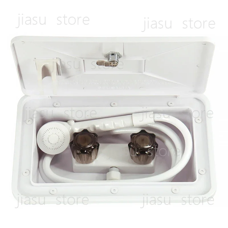 RV Marine External Shower Box with Lock Hot Cold Mixer Built in Hand Shower and Hose for Camper Caravan Boat