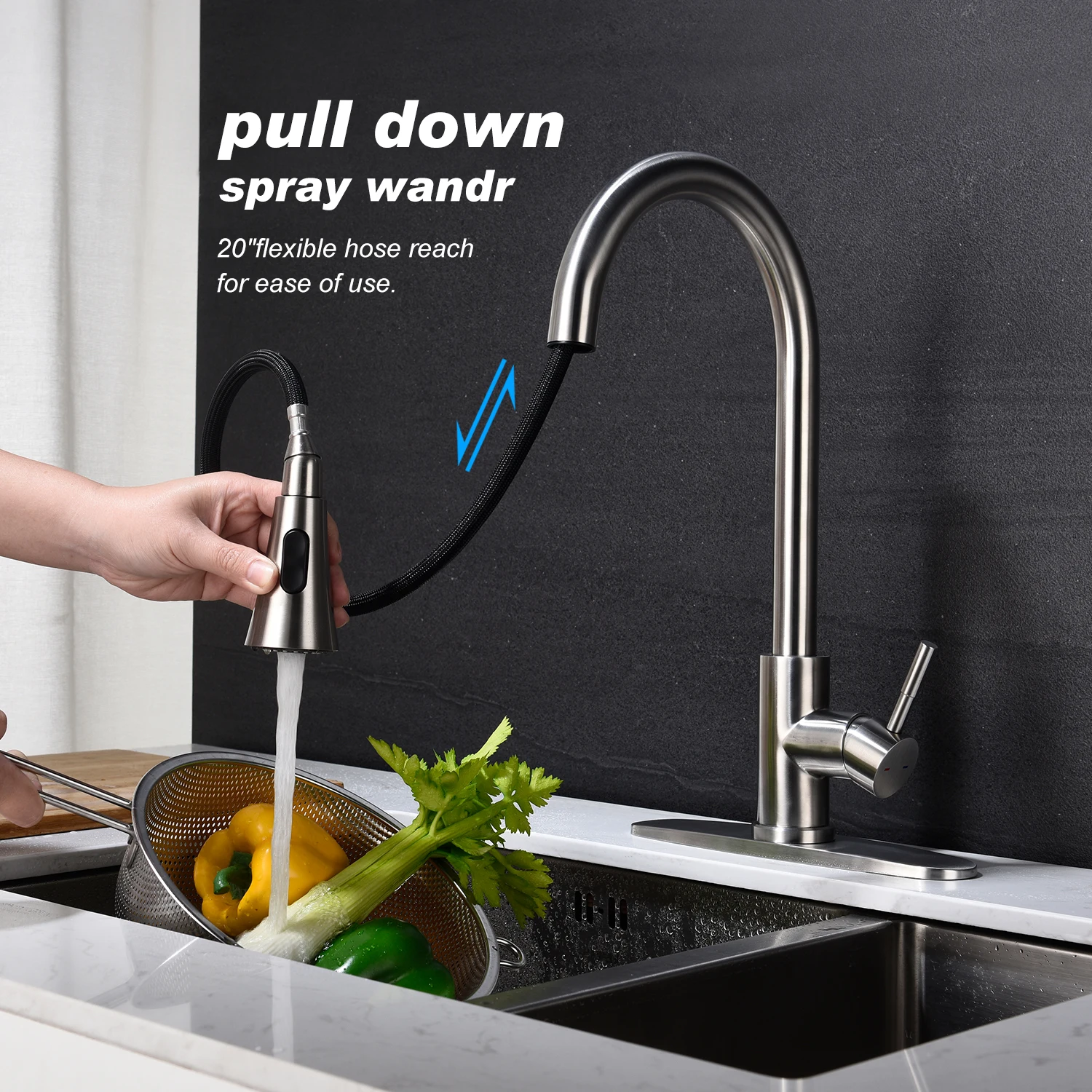 Kitchen Faucet with Pull Out Spraye Down Kitchen Sink Faucet Deck Mounted Dual Spout Hot & Cold Water Mixer Tap Crane,SUS 304