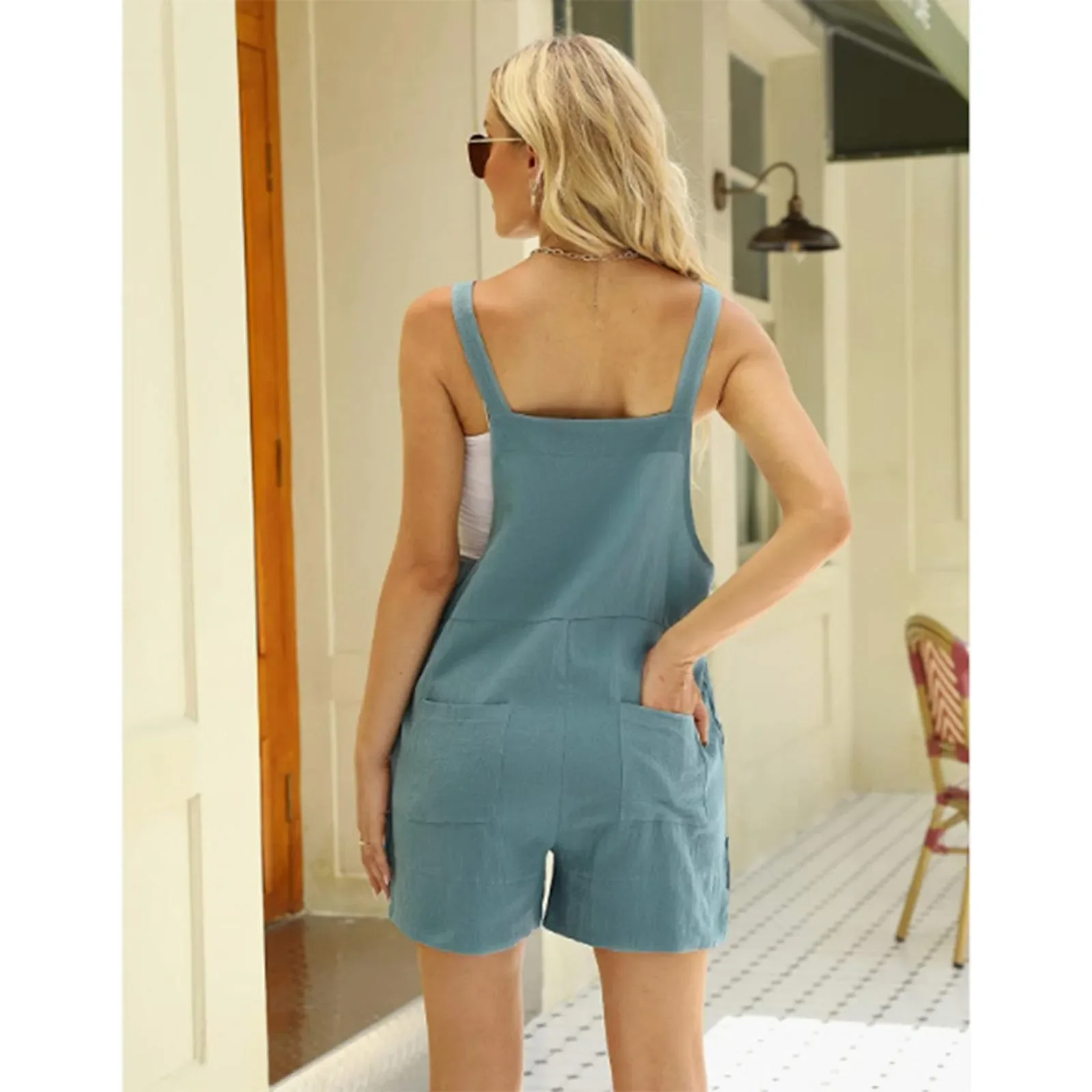 Pagliaccetti da donna Casual larghi tasche solide tuta pantaloncini da spiaggia estivi tuta in cotone di lino tuta corta senza maniche