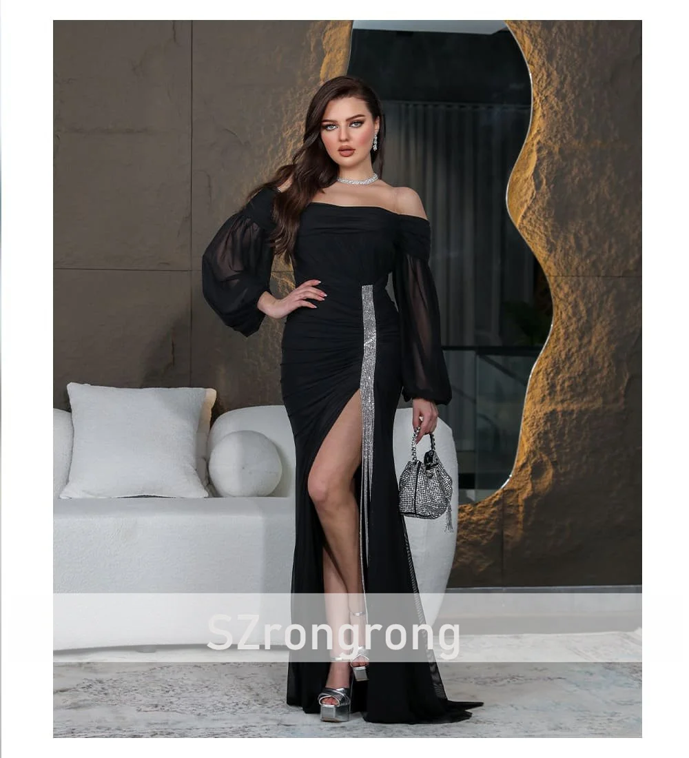 단정한 보트넥 쉬폰 플리츠 스트레이트 사우디 드레스 백리스 롱 사이드 하이 슬릿 비즈 크리스탈 이브닝 가운 트레인 포함