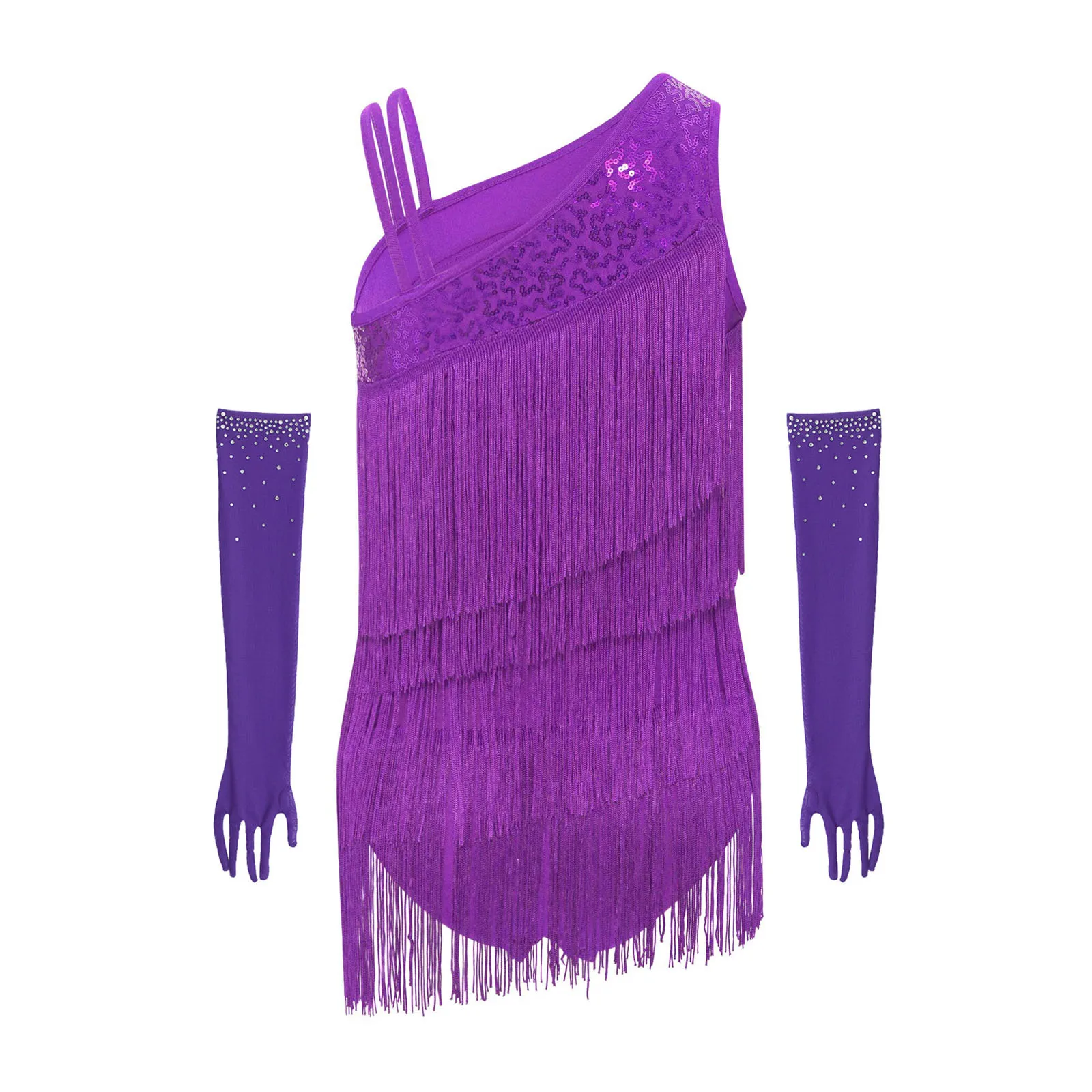 女の子ラテンダンス衣装セット スパンコールタッセルとラインストーンレオタード 手袋付き 社交競技用 ステージパフォーマンス用