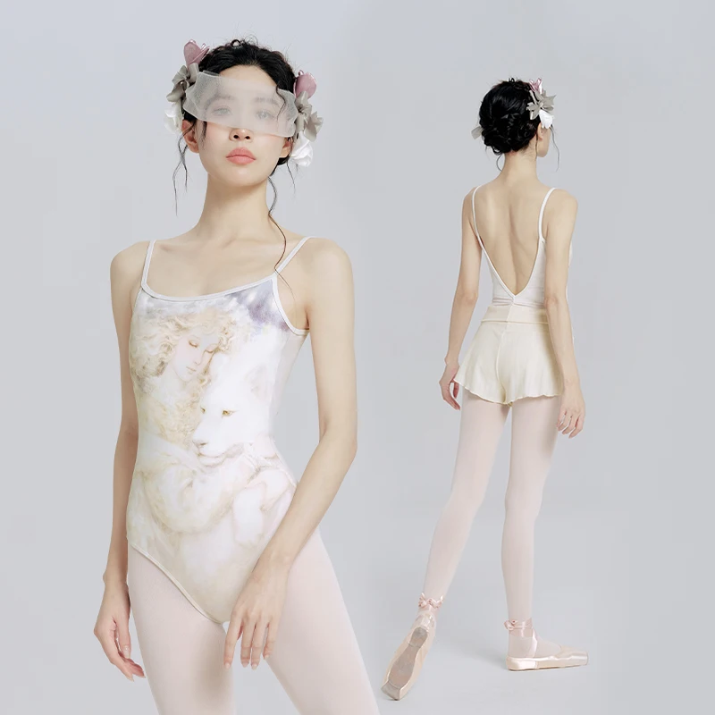 Women Ballet Leotards Printed Dance Leotard Adult Sleeveless Camisole Mesh Splicing Gymnastics Bodysuit