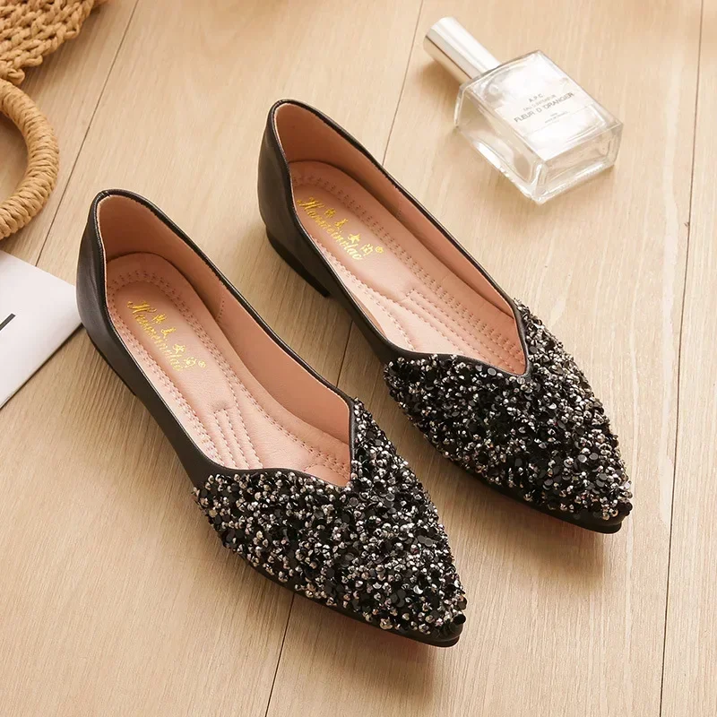 Spring and Autumn  2024 New Pointed Toe Shallow Mouth Flat Shoes Women\'s Bean Shoes Women\'s Sequins Single Shoes