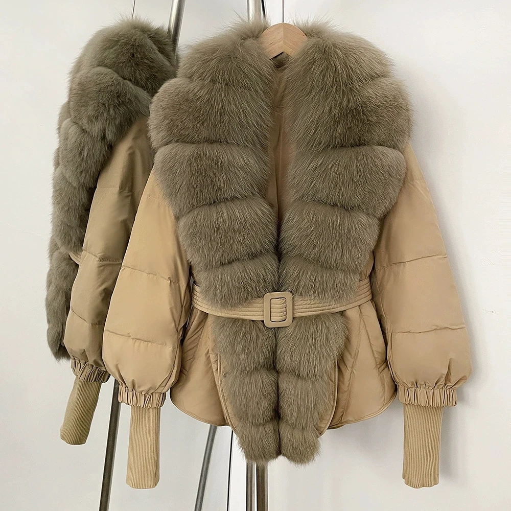 الطبيعية الكبيرة الثعلب الفراء طوق أسفل سترة للنساء 2025 الشتاء الدانتيل متابعة حزام الفراء الحقيقي طوق الإناث الدافئة الأبيض بطة أسفل معطف قصير