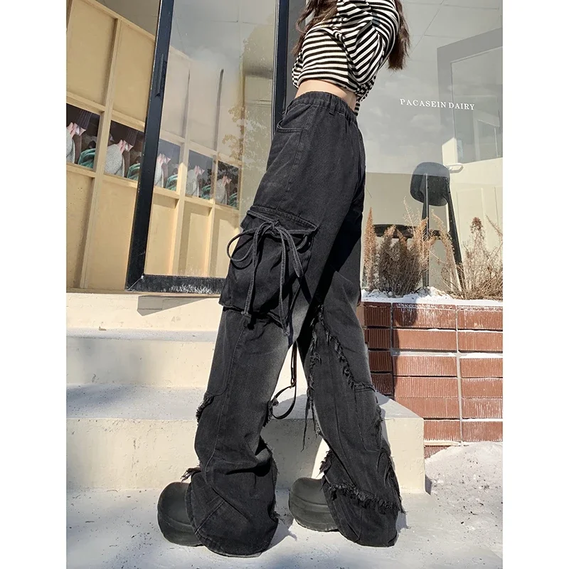 Vintage Cargo Jeans Women High Street Design Loose Thin Straight Trousers Raw Edge Gradient Versatile Denim Pants Female