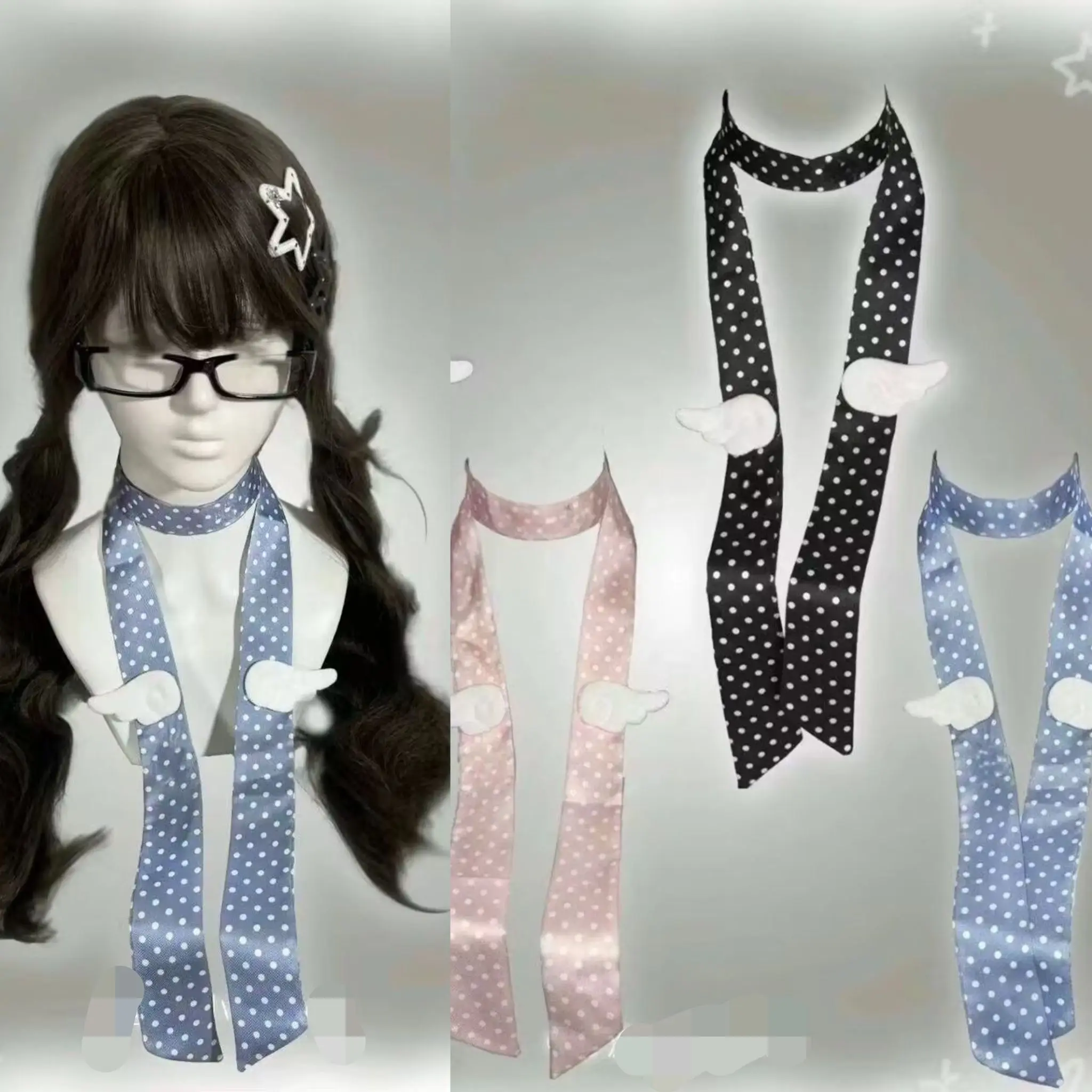 Letnia, ręcznie robiona mucha z motywem anielskich skrzydeł w kropki, w stylu japońskiej Lolity, długa kokarda, ozdoba dla dziewczynki w stylu Y2K, akcesorium do włosów.