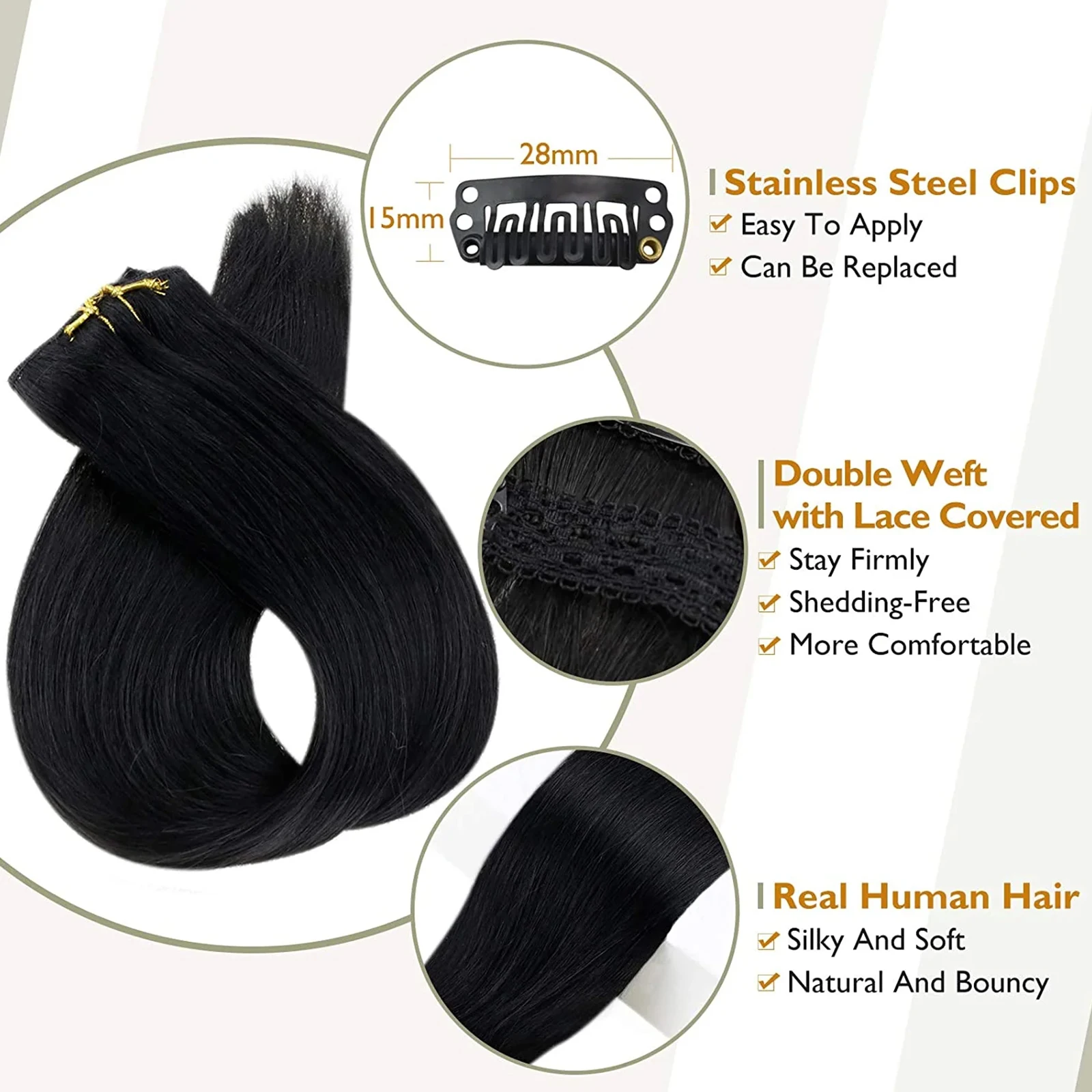 LaaVoo Remy Lace Clip in Hair Extension 3Pcs 50G 100% Real Brazilian Hair Straight Natural 12-20inch Machine Human Clip in Hair