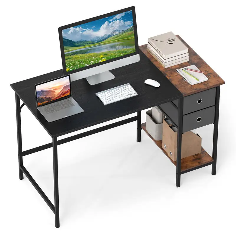 48 Inch Industrial Computer Desk With 2 Fabric Drawers, Open Storage Shelf, Sturdy Triangle Structure For Home Office, Gaming And Study, Black