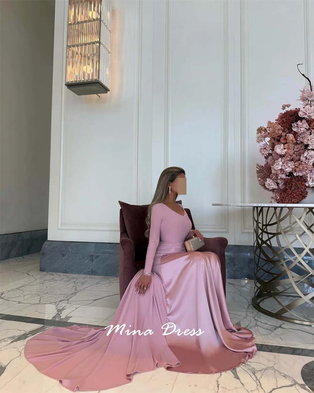 Mina Aangepaste Arabische lange mouwen elegante feestjurken Vrouw V-hals staartjurken voor speciale gelegenheden Avondjurk Prom