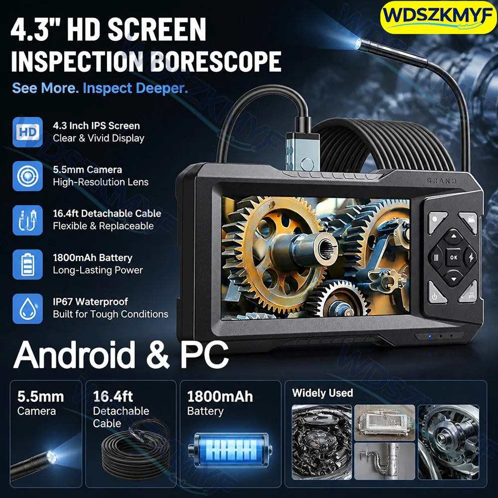 

4.3'' Industrial Endoscope Camera 5.5mm lens 1080P HD Rigid Cable Waterproof Detachable Design For Android phone Check Car Sewer