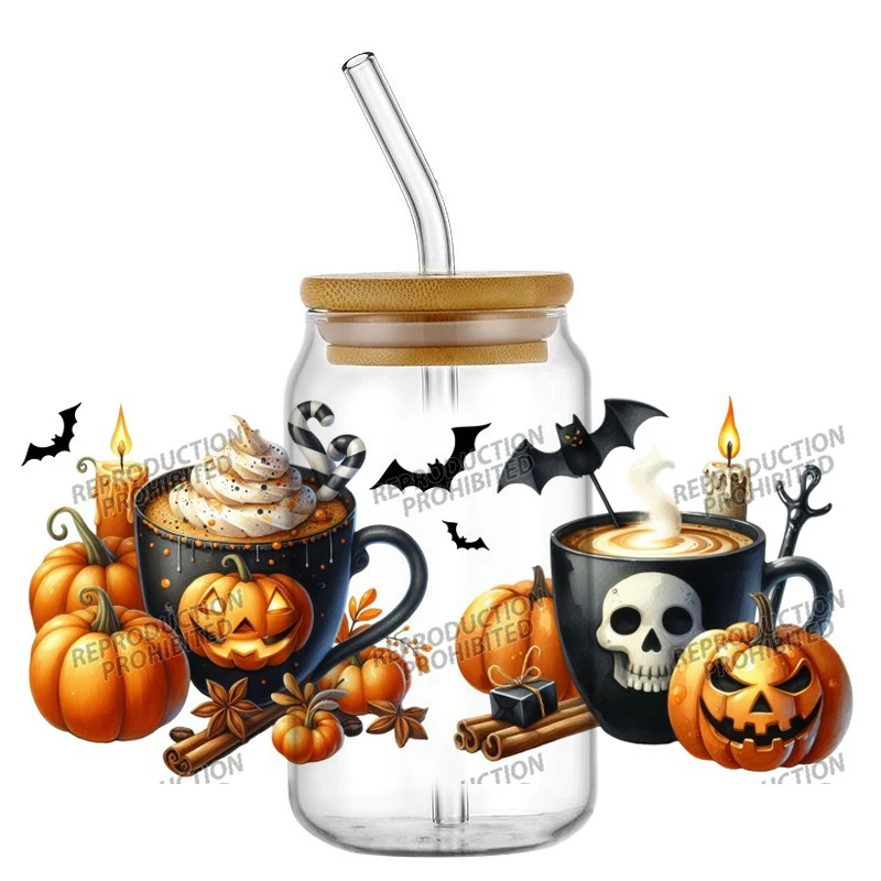 

Hot Selling Halloween Food Theme 16oz Libbey Glass UV DTF Cup Wrap Washable DIY Mug Sticker Festival decorations
