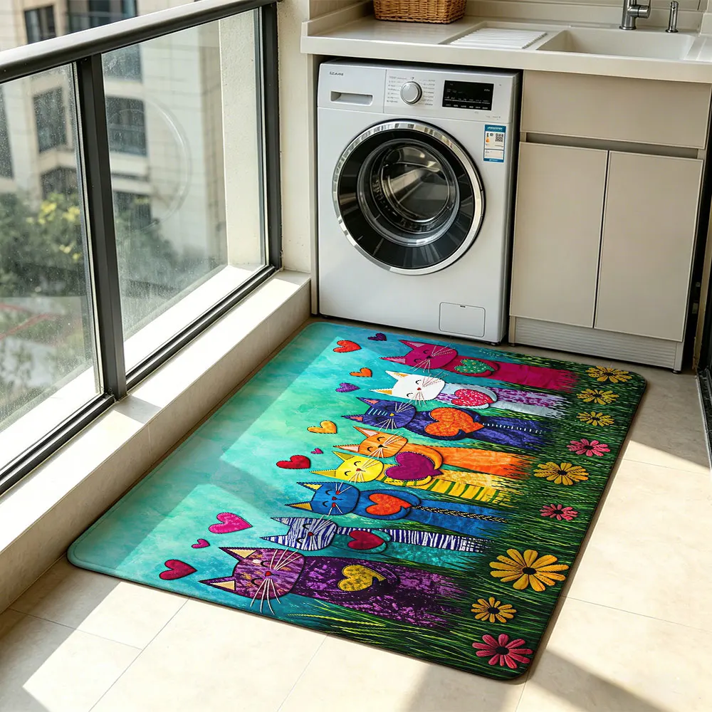 1pc hand-painted heart-shaped colorful cat living room floor mat anti-slip silicone tufted carpet sofa bedroom home decoratio