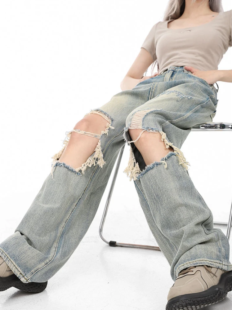 Jeans Women Loose Hole Ulzzang Hip Hop Cool Chic Young Distressed Streetwear Leisure Harajuku Vintage Washed Denim Trousers 2023