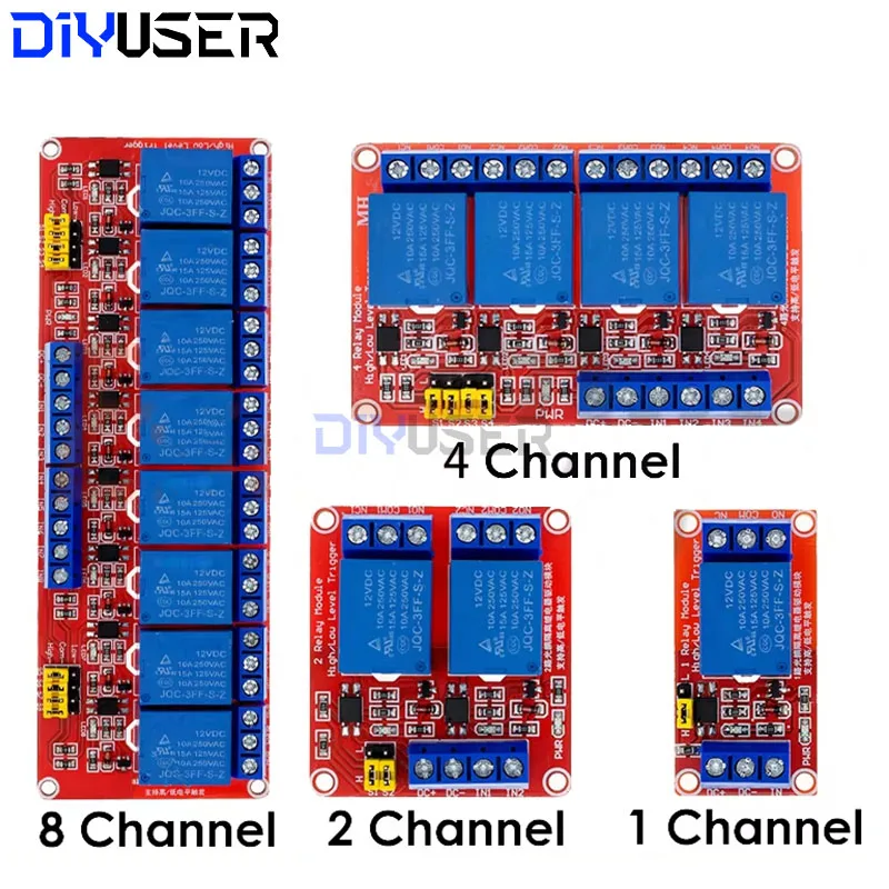 DIYUSER 1 2 4  8 Channel 5V/12V Relay Module Board Shield with Optocoupler Support High and Low Level Trigger for Arduino