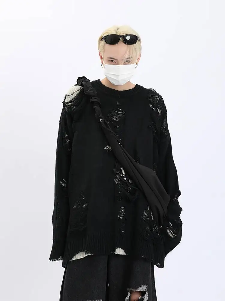 Distressed Hollow Out Reversible Knit Jacket for Men Subculture Style Heavy Duty Lazy Style Two Piece Sweater