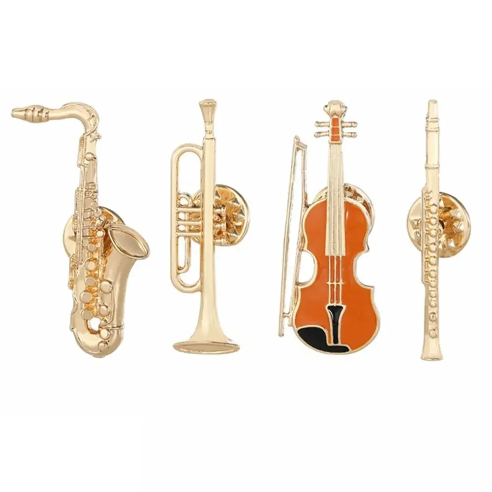 

4Pcs Alloy Enamel Brooches Musical Instruments Brooches Trumpet Clarinet Saxophone Violin Shaped Lapel Pins Backpacks Decoration