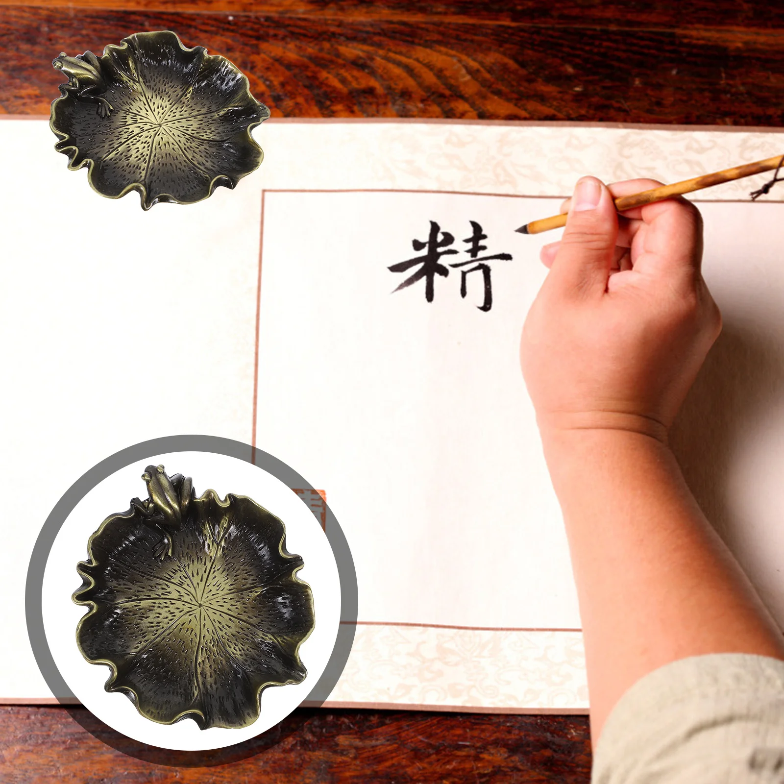 

Copper Ink Dish Plate Lotus-Leaf Frog Decorative Inkstone Ornament Ink Well Calligraphy Brush Holder Paint Brush Washing Dish