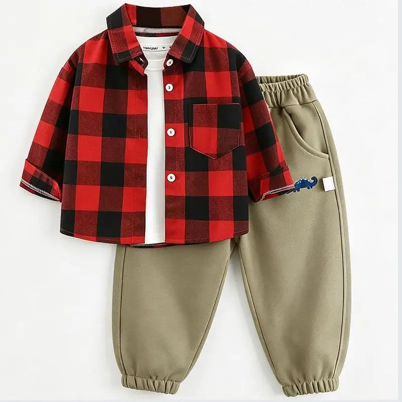 Children's Set Boys' Korean Version Spring and Autumn Cotton Checkered Shirt + Sports Pants Two-Piece Set 1-7Y