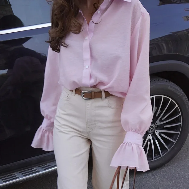 

Casual Loose See-Through Shirts Women Autumn Lapel Long Sleeve Patchwork Blouse Top Streetwear Female Solid Shirts Top