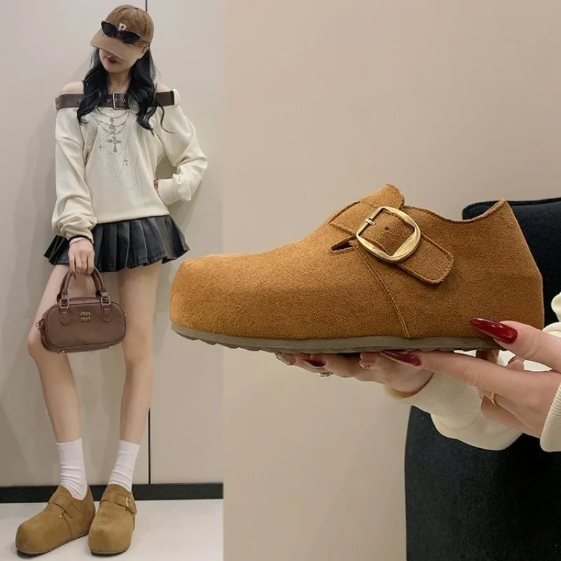 Women Suede Birken Flat Shoes Retro Metal Buckle Closed Back Round Toe Soft Sole Casual Daily Walking Shoes For Ladies