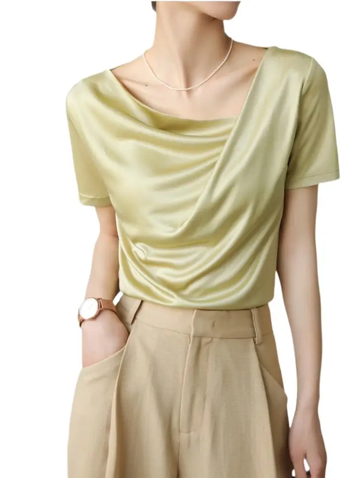 Summer Elegant Woman scarf collar Short Sleeves shirt Satin Klein Blue Champagne Color office lady fashion blouse Silk Tops